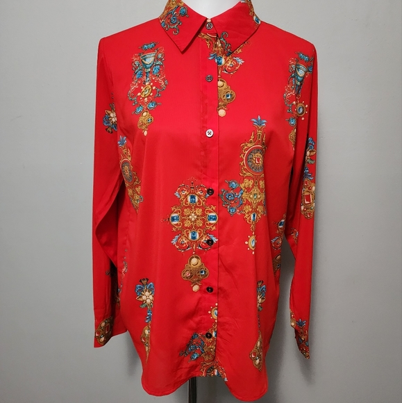 Motto Fashions Red Orange Status Print Chiffon Button Down Size 10 - Picture 2 of 9